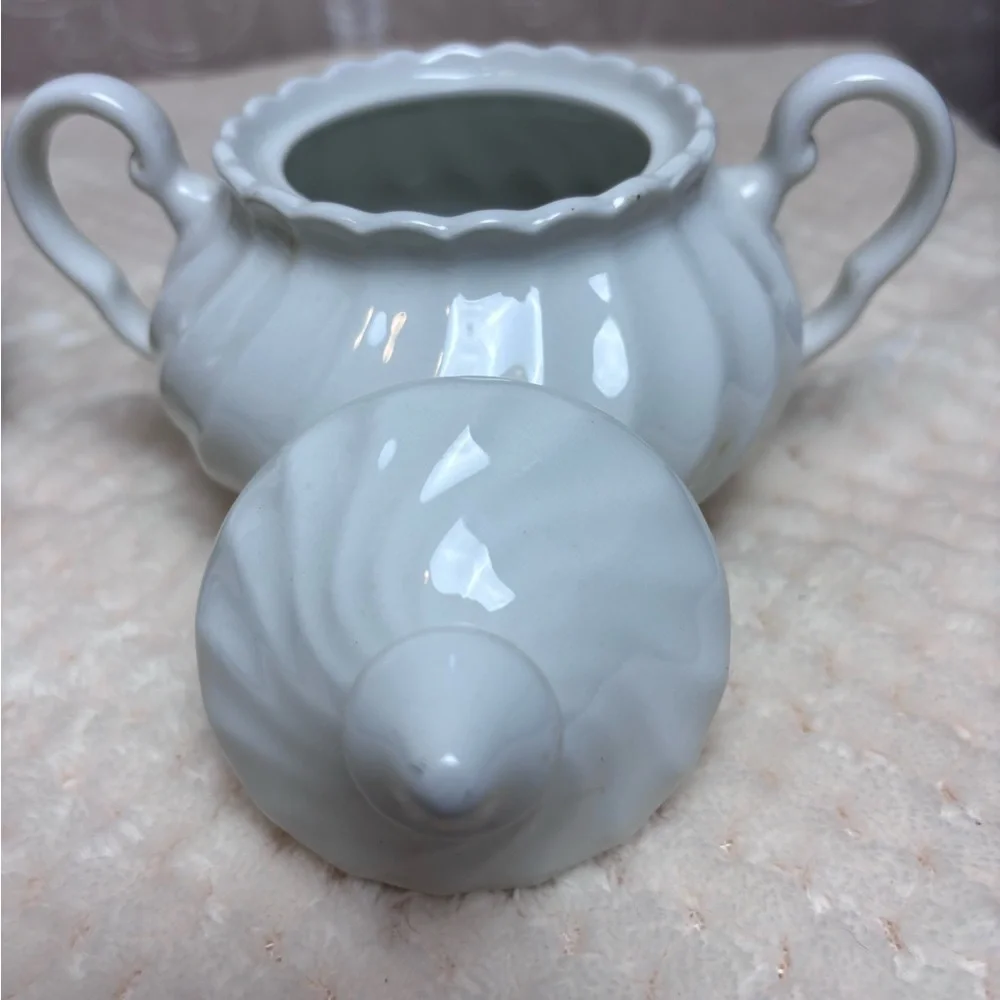 Vintage Johnson Brothers Snow White Swirl Sugar Bowl/w Lid and Creamer